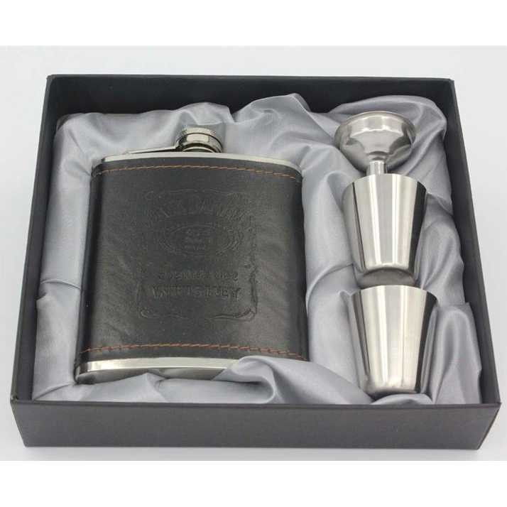 Botol Bir Hip Flask Stainless Steel Leather 7Oz with 2 Stainless Steel Mini Shot Glass