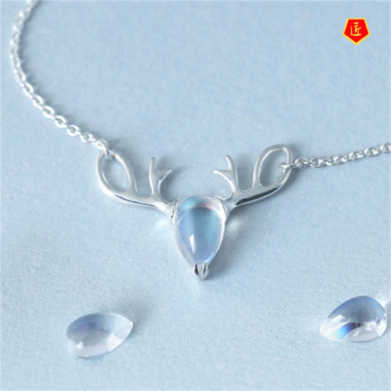 [Ready Stock]S925 Elk Necklace Women's Japanese and Korean Style Moonstone Pendant Simple Design