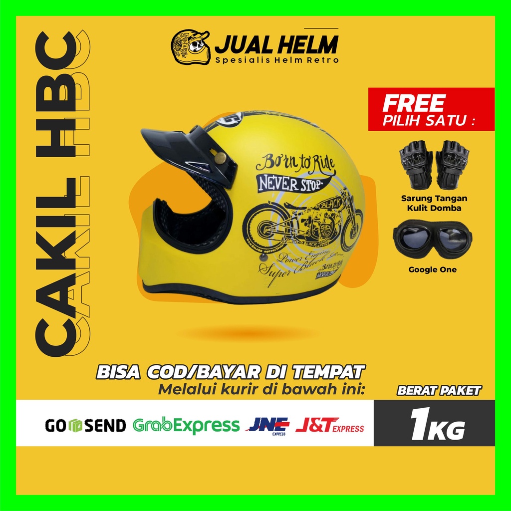 HELM CAKIL HBC BORN TO RIDE KUNING ( Fullface / Retro / Klasik / Vespa )