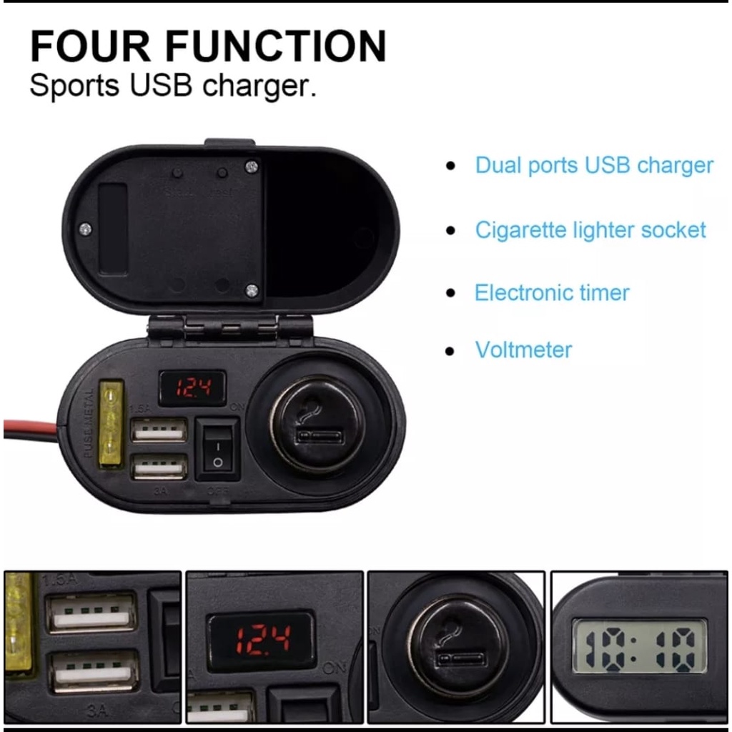 MotorCycle USB CD-3068 Lighter voltmetar / jam Charger Motor Dual usb