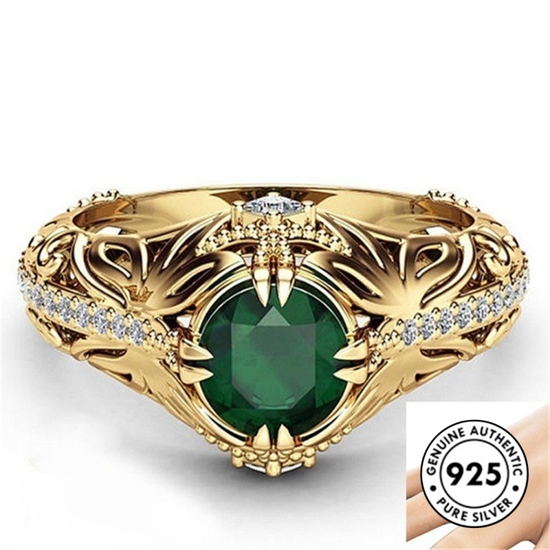 Cincin Sterling Silver 925 Lapis Emas Dengan Batu Emerald Untuk Wanita