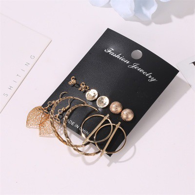 Anting Set Korea 6 Pasang Anting Tusuk Model Daun Geometri Hook dan Mutiara untuk Wanita