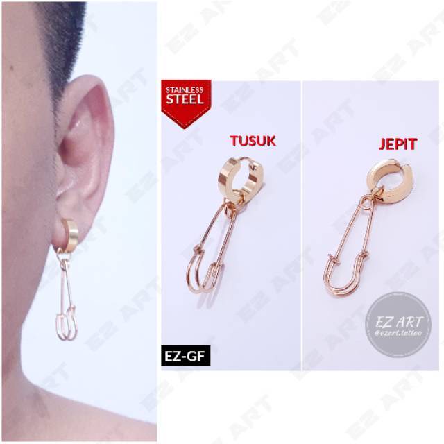 1Pc Model EZ-GF Gold Emas Anting Pria dan Wanita Jepit Tusuk Variasi Peniti Rantai