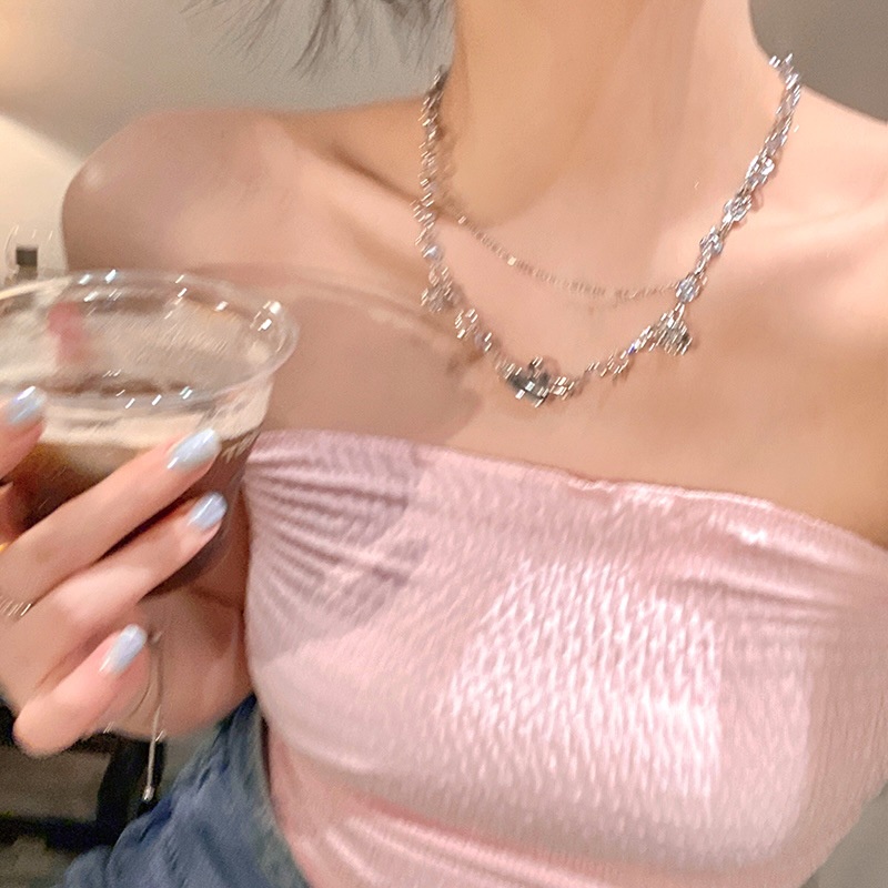 Kalung Rantai Klavikula Desain Bunga Aster Hati Aksen Zirkon Gaya Jepang Korea Untuk Wanita