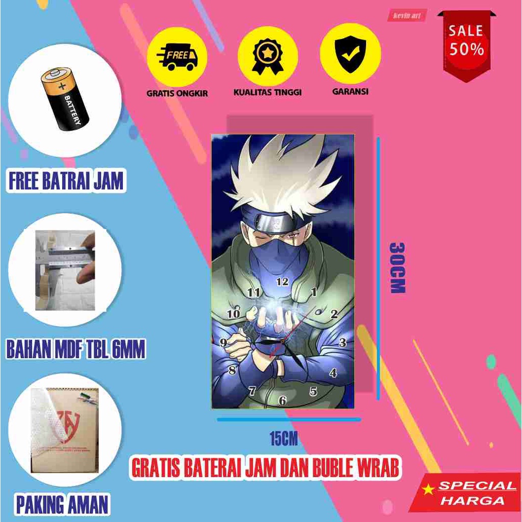 JAM DINDING KAYU UNIK KARAKTER ANAK GAMBAR ANIMASI KAKASHI HATAKE KOLEKSI SERIAL MANGA ANIME NARUTO SHIPPUDEN KEREN TERBARU MINIMALIS MURAH TEMPEL TEMBOK CUSTOM