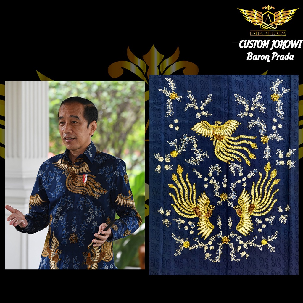 CUSTOM JOKOWI BATIK TULIS BARON PRADA EMAS SILVER SUTRA ATBM BURUNG SAWUNGGALING BIRU NAVY DONGKER B