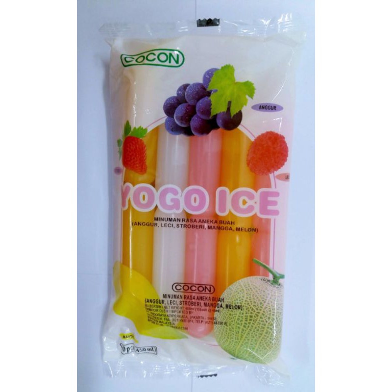 

COCON YOGO ICE minuman ras aneka buah (anggur,strawberry,leci,mangga,melon) Net weight 45ml x 10pcs