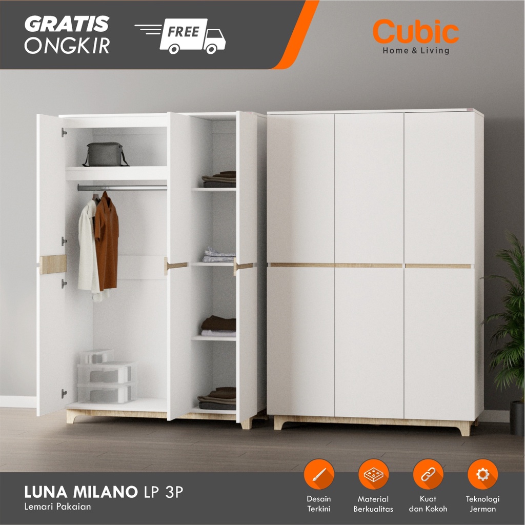 cubic lemari pakaian minimalis / wardrobe baju 3 pintu / luna milano lp 3p