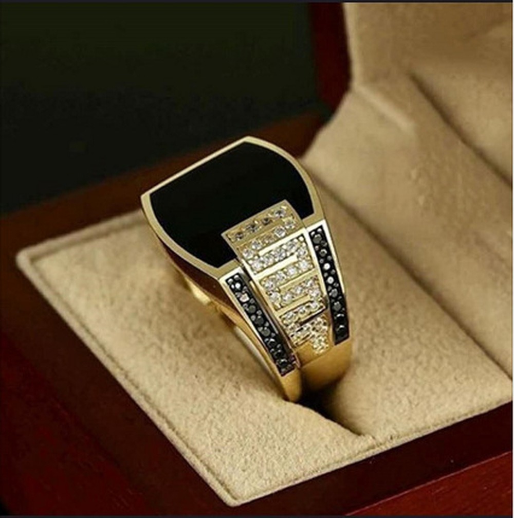 Baja Titanium Perak Emas 18K Cincin Berlian Enamel Hitam Aksesoris Perhiasan Fashion Pria Punk Silver Gold Rings