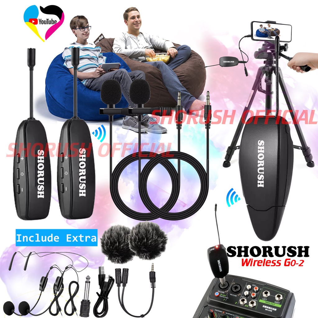 Shorush GO Dual Microphone Mic Clip On Wireless 2.4G PRANK Vlog untuk 2 Orang Smartphone HP Kamera Mixer Bando Imam Masjid