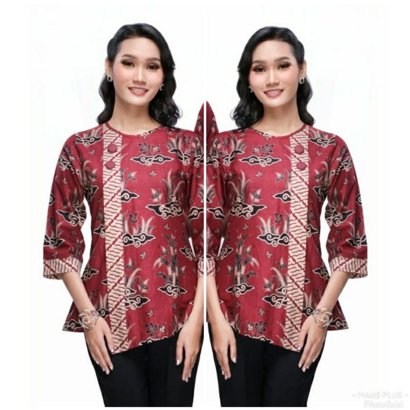 Blouse Batik Wanita Jumbo 4L-5L Atasan Kemeja Batik Wanita Big Size XXL XXXL Lengan ¾ Seragam AMR