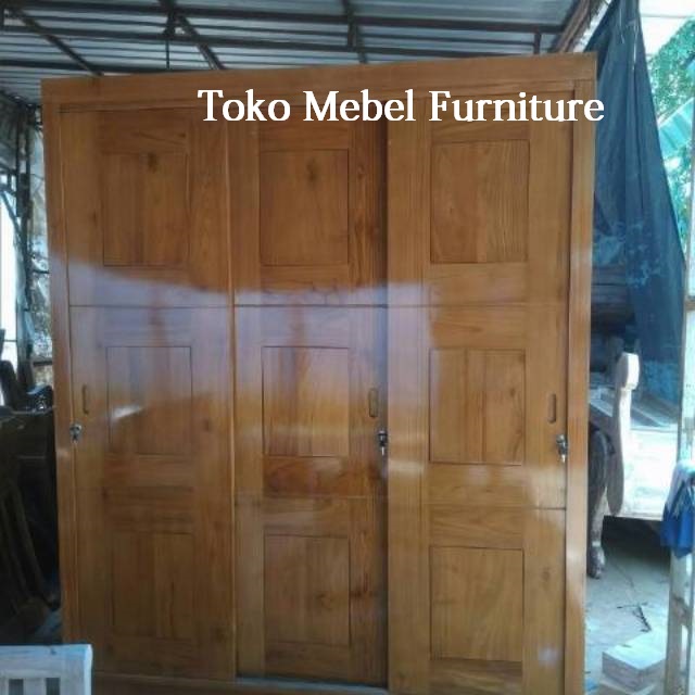 lemari pakaian sliding 3 pintu kayu jati almari jati sliding minimalis