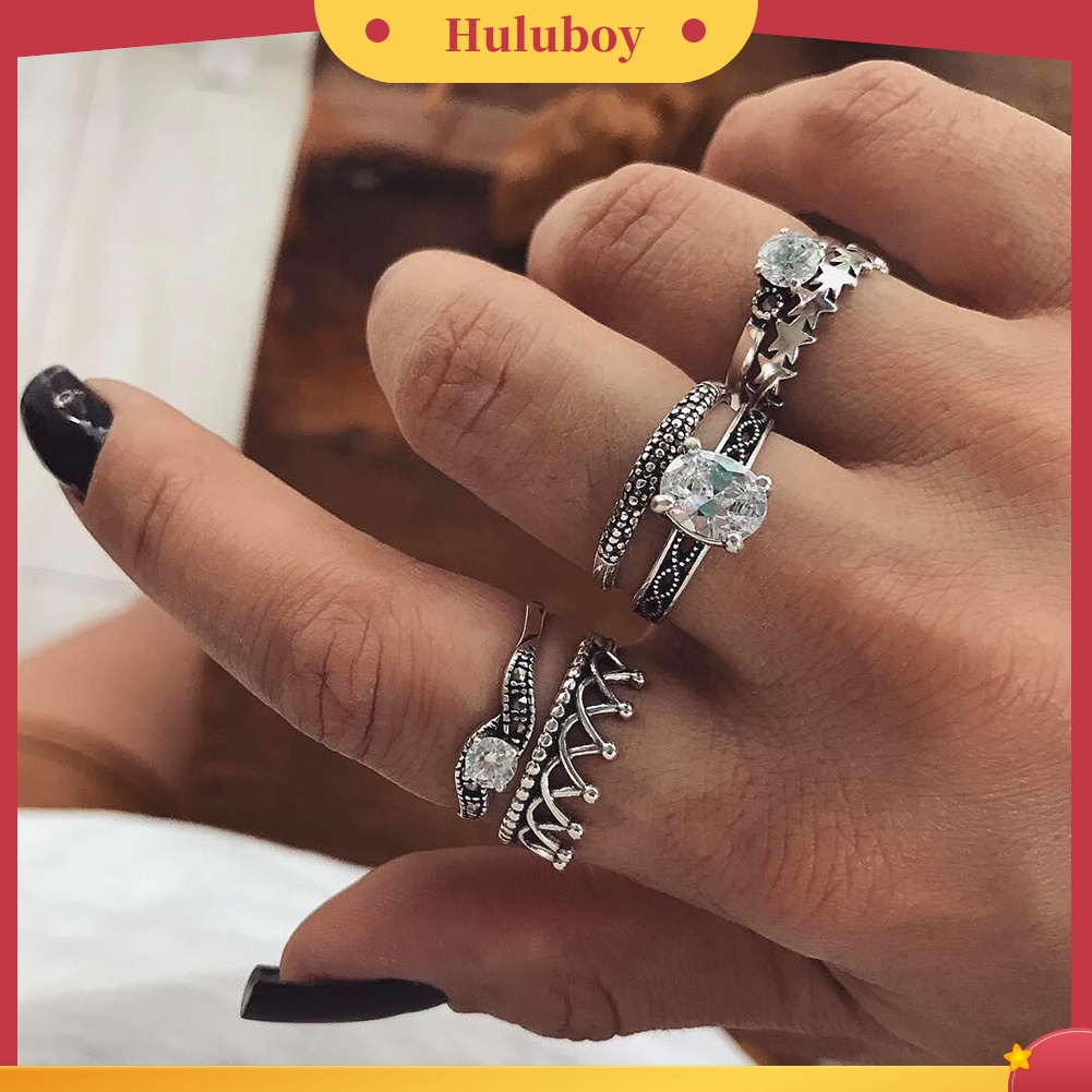 Hu Hu Hu Hu Hu Alat Bantu Pasang Kacamata♡ 6pcs Cincin Knuckle Antik Desain Mahkota Infinity Hias Berlian Imitasi Untuk Wanita