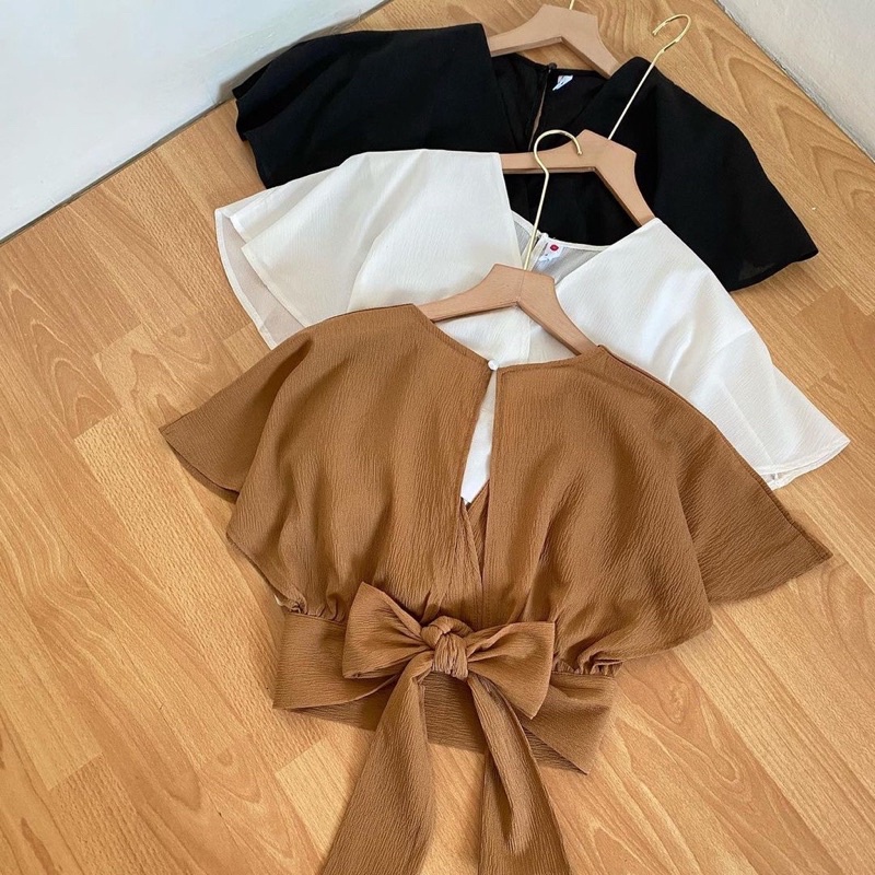 Vallina Femei Outer Blouse Slit Back Self Tie Wrap Crop Top Atasan Wanita Korean Style BOW Back Cardy