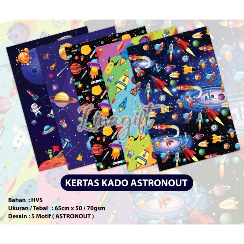 ( 5 Lembar ) KERTAS KADO SQ DOFF - GIFT WRAPPING PAPER ASTRONUT / SPACE / ROCKET / ALIEN / MOON / PLANET / UNIVERSE / GALAXY SEMI DOFF