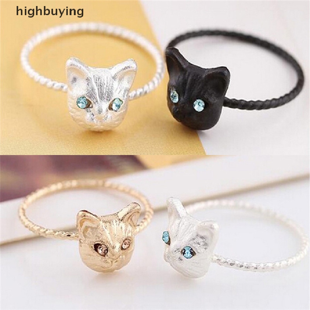 Hbid 1pc Cincin Motif Kucing Mini Lucu Warna Hitam / Emas / Silver Aksen Berlian Imitasi Untuk Wanita