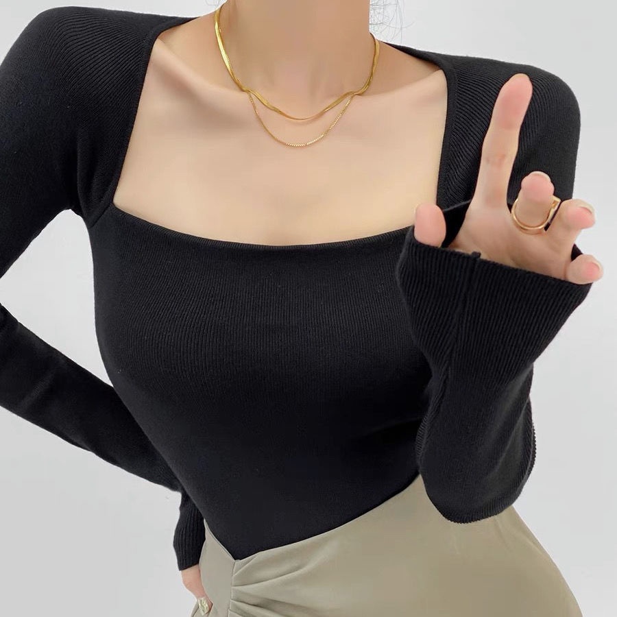 [✅BISA COD] #Sisjuly# French Warm Square Neck Skinny Knit T-Shirt Stretch Crop Top