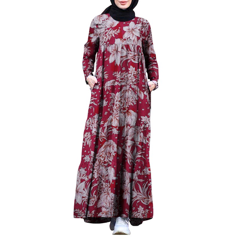 ZANZEA Women Long Sleeve Printed Vintage Back Zipper Muslim Maxi Dress