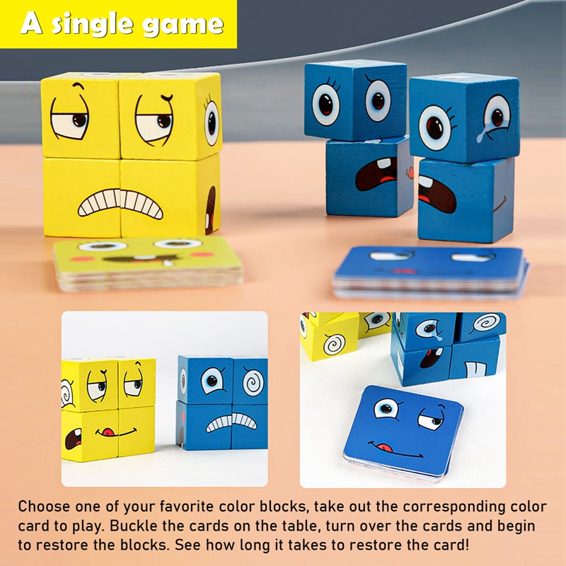 Puzzle Games Wooden Expressions Matching Block Face-Changing Magic Cube Building Parent-Child Board Game Children's Logical Thinking Training