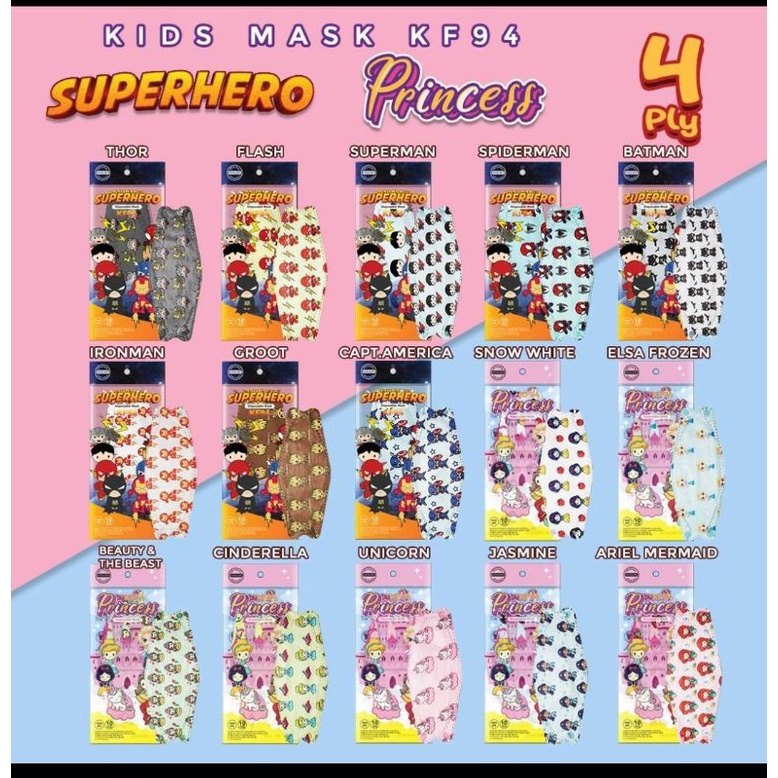 READY STOK MASKER KF94 KF 94 ANAK MOTIF PRINCESS DAN SUPERHERO SERIES CINDERELLA IRON MAN SPIDERMAN BATMAN SUPERMAN THOR KUDA PONI ARIEL MERMAID ELSA FROZEN SNOW WHITE MERK ONCARE SERTA KF ANAK WARNA POLOS CHILD WARNA PUTIH POLOS HITAM POLOS ISI 10 LBR