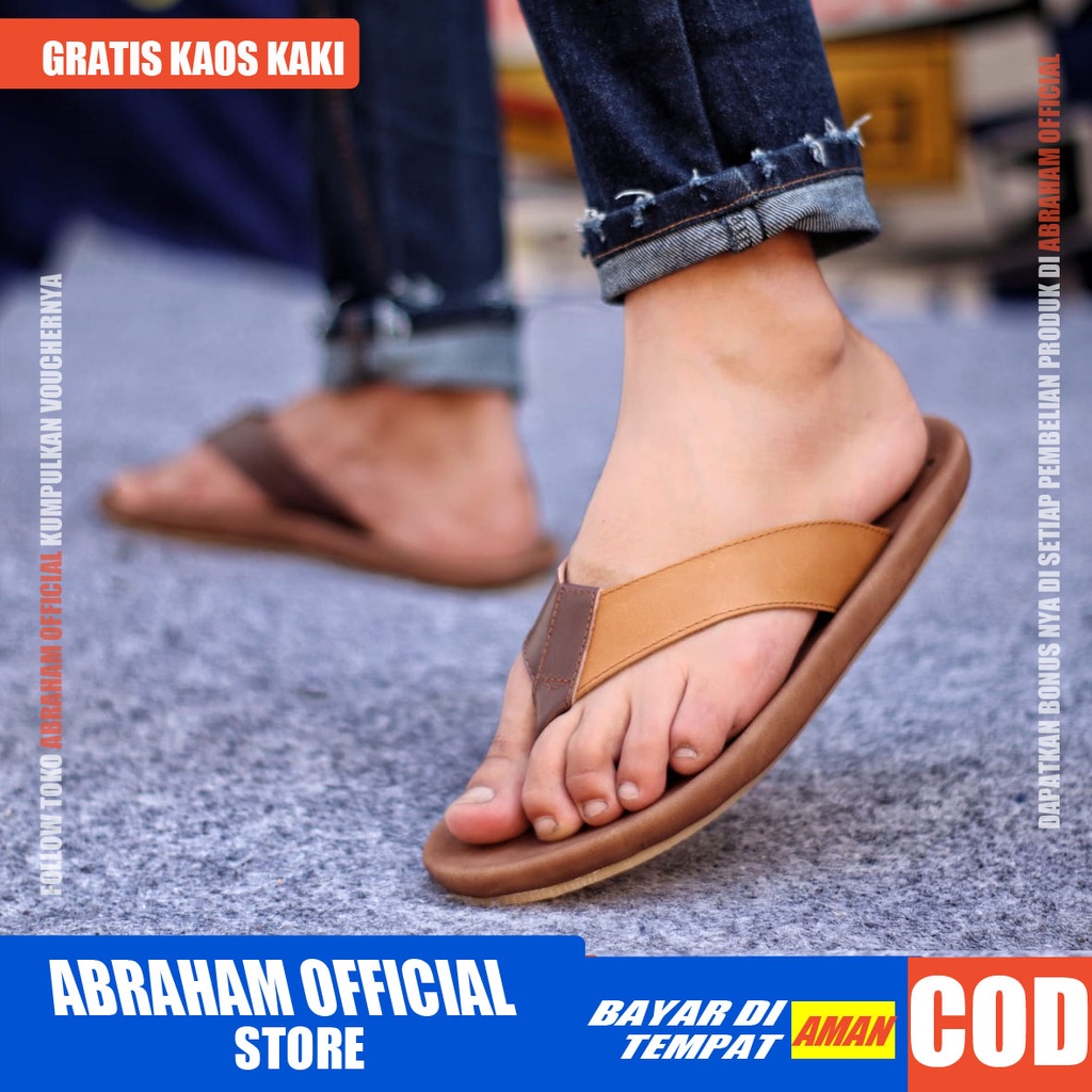 ABRHM X JAVIT Sandal Jepit Pria Sandal Pria Kulit Asli Sendal Cowok Keren Sandal Cowo Kekinian Ori