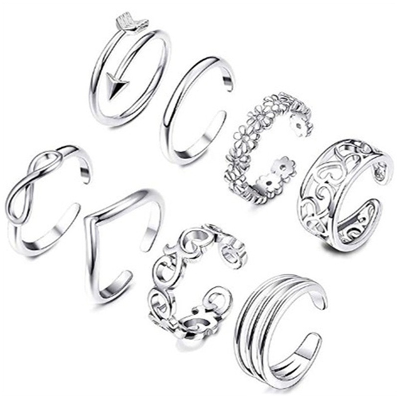 Fancyqube 8pcs / Set Cincin Jari Kaki Model Terbuka Dapat Disesuaikan Desain Hati Untuk Wanita