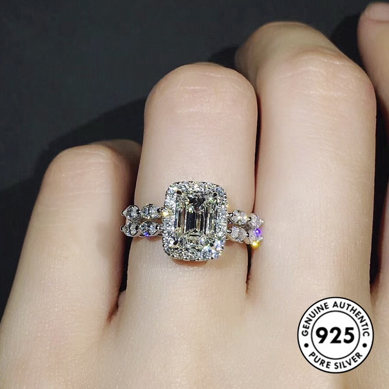 Cincin Silver S925 Hias Berlian Bentuk Kotak Untuk Wanita