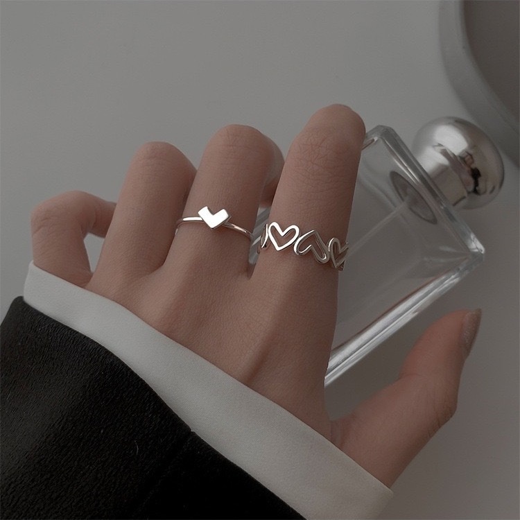 COD❤2 Pcs/set Cincin love Wanita Korea Perak Ring Cincin Model Terbuka Bentuk Hati Hollow Female Fashion Personality Light Luxury Single Open Ring Korean Trendy Cincin Murah