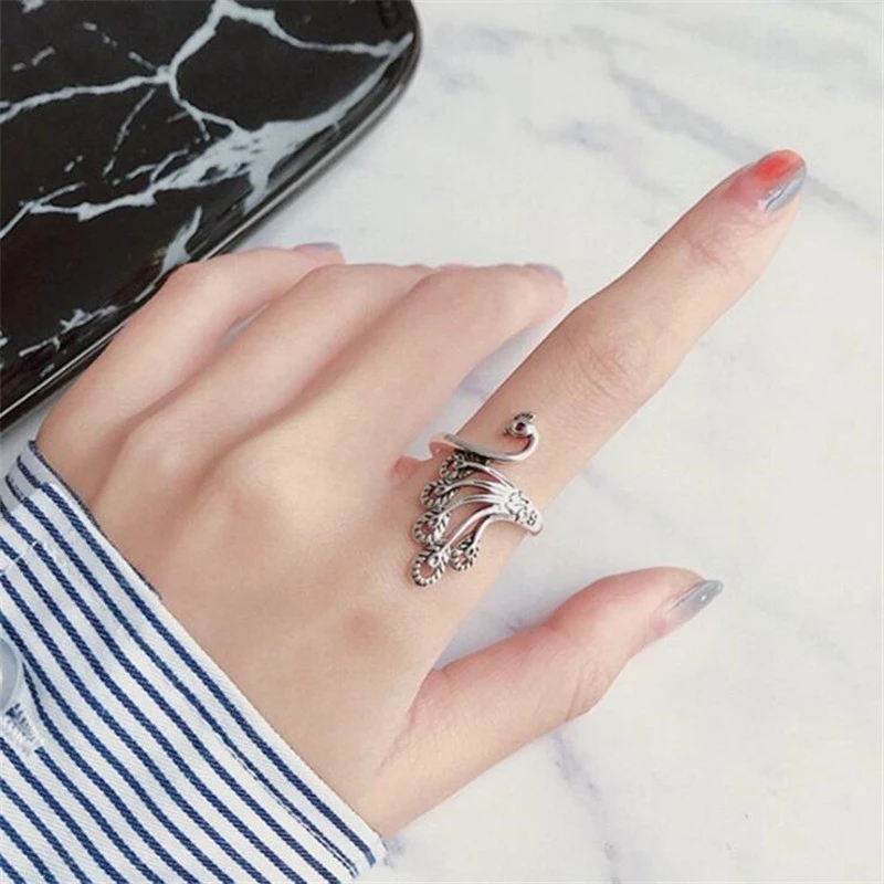 Retro Silver Peacock  Opening Rings /  Personality Exquisite Peacock  Rings / Punk Rings Set /  Index Finger Ring for Women Jewelry