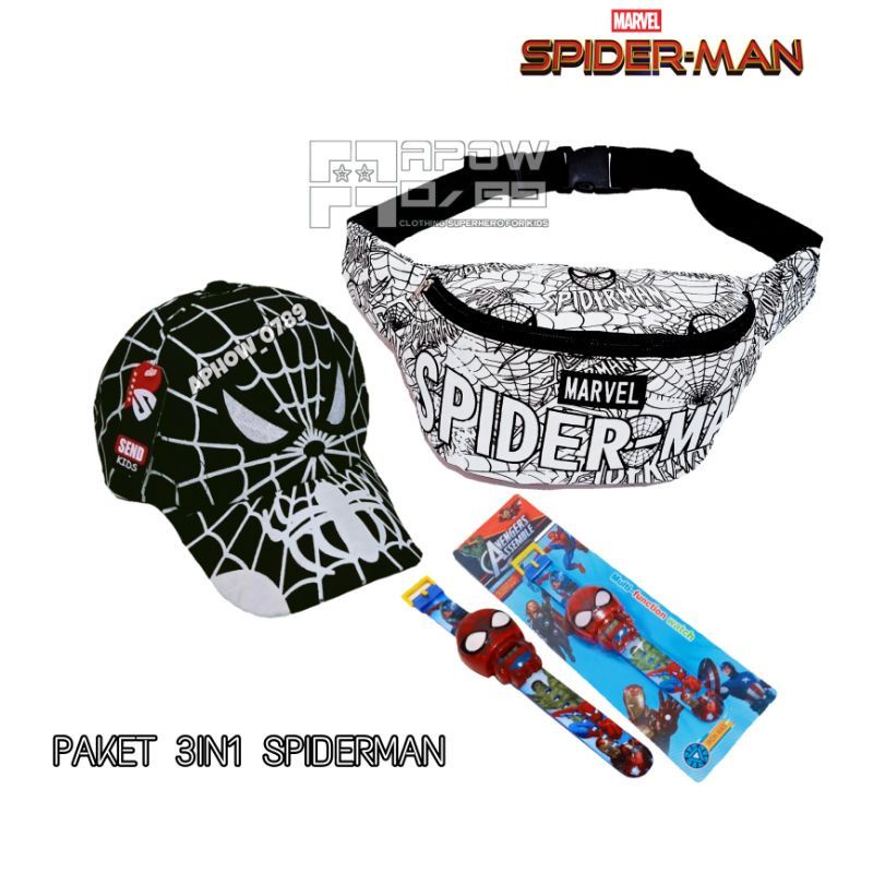 Paket 3in1 Tas selempang waistbag anak karakter Spiderman | bonus topi dan jam tangan