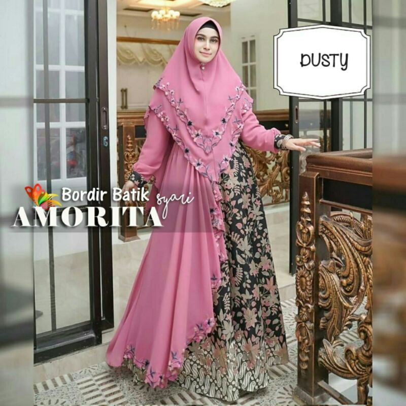 (BLZ) Set gamis bordir Amorita syari + khimar syari