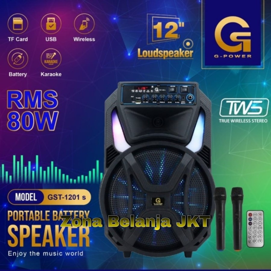 SPEAKER PORTABLE 12INCH AKTIF GST 1201S WIRELESS MEETING BLUETOOTH KARAOKE DUA MIK