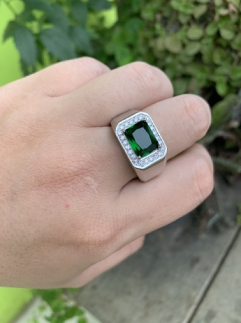 Cincin Perak Pria Sterling Silver 925 Batu Green Zamrud Emerald Cubic Zirconia Ukuran Resize