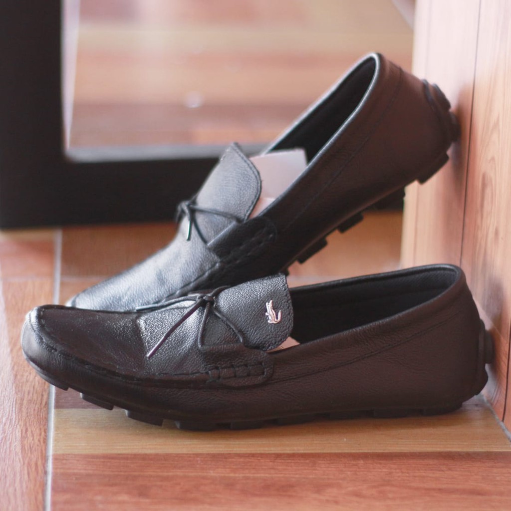 Sepatu Lacoste Slop Kulit Asli Hitam Slip On Pria Kasual Santai Hangout Murah Gaya Keren Masa Kini