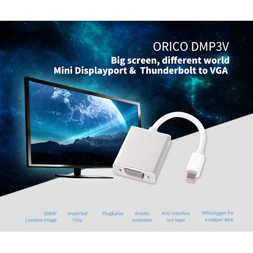 Mini Displayport dp thunderbolt to vga converter Orico 1080p FHD dmp3v  - Konverter Mini display port to d-sub 15 pin