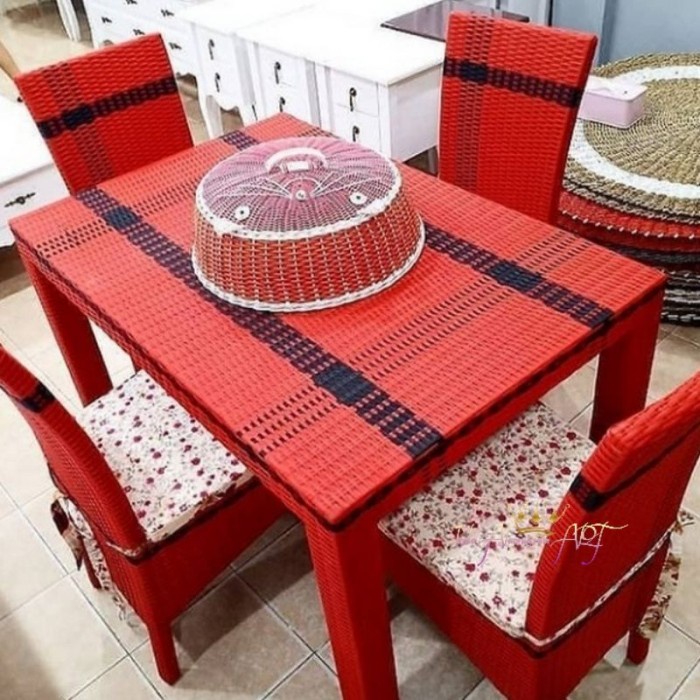 Meja Rotan Meja Makan Kursi 4 + Tudung Makanan Bahan Rotan Sintetis