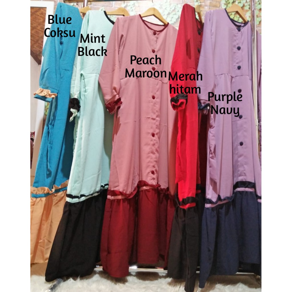 Gamis aulia wolfis toyobo Ruffle rempel 2 warna serut kancing syari baju muslim busana