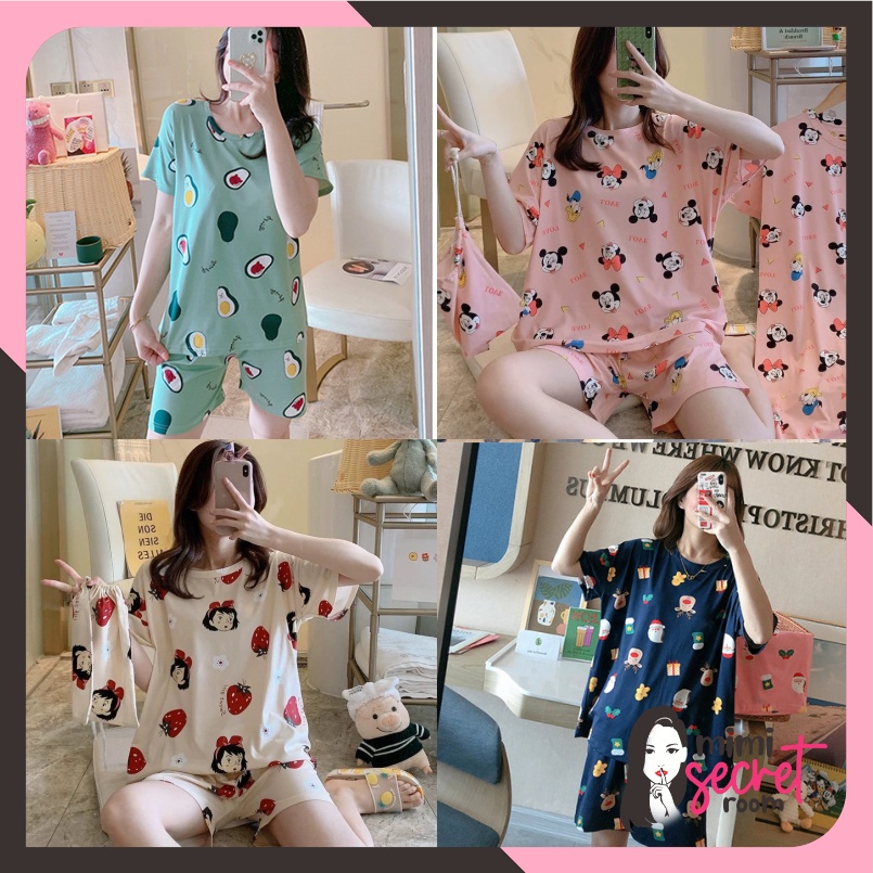 ❤ MIMI ❤ Baju Tidur Piyama Korea Import Motif Lucu Setelan Tidur Hotpants Murah