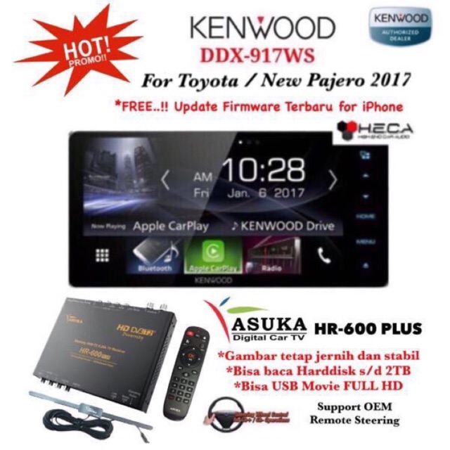 PAKET Kenwood DDX-917WS Head Unit Double Din Tape Mobil For Toyota & ASUKA HR-600 TV Tuner Digital
