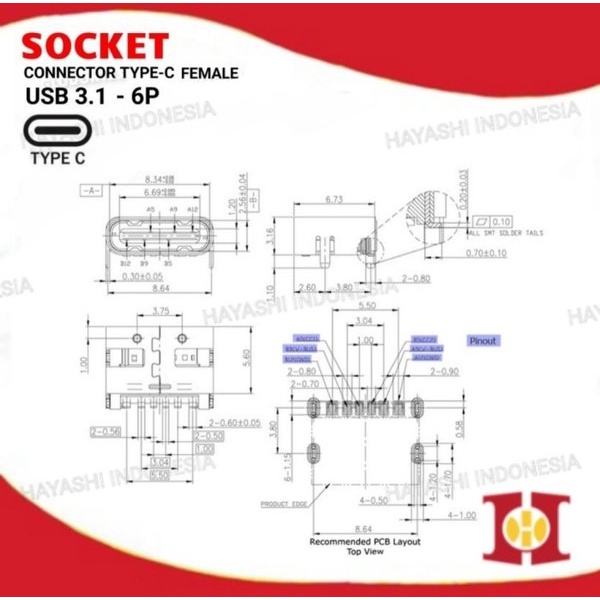 Socket Konektor Soket USB 3.1 Type C Female 6Pin PCB SMT HD Connector - 10pcs