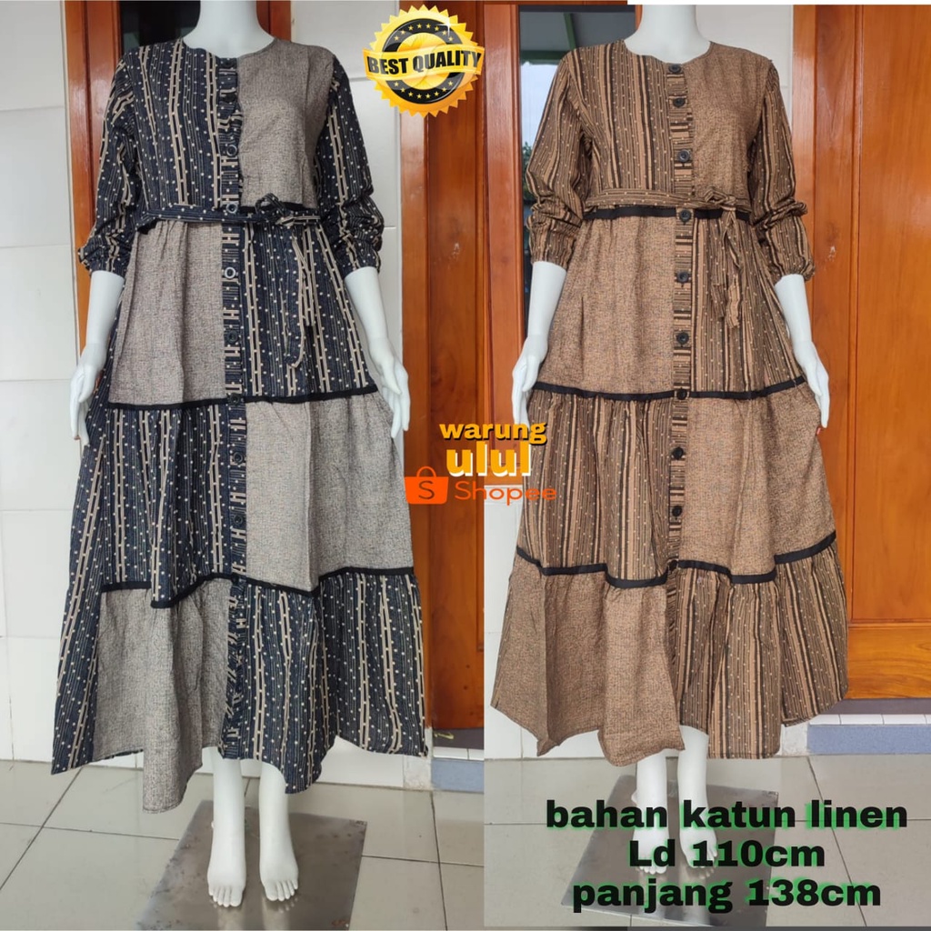 gamis maxi katun linen kancing hidup / maxi dress susun linen