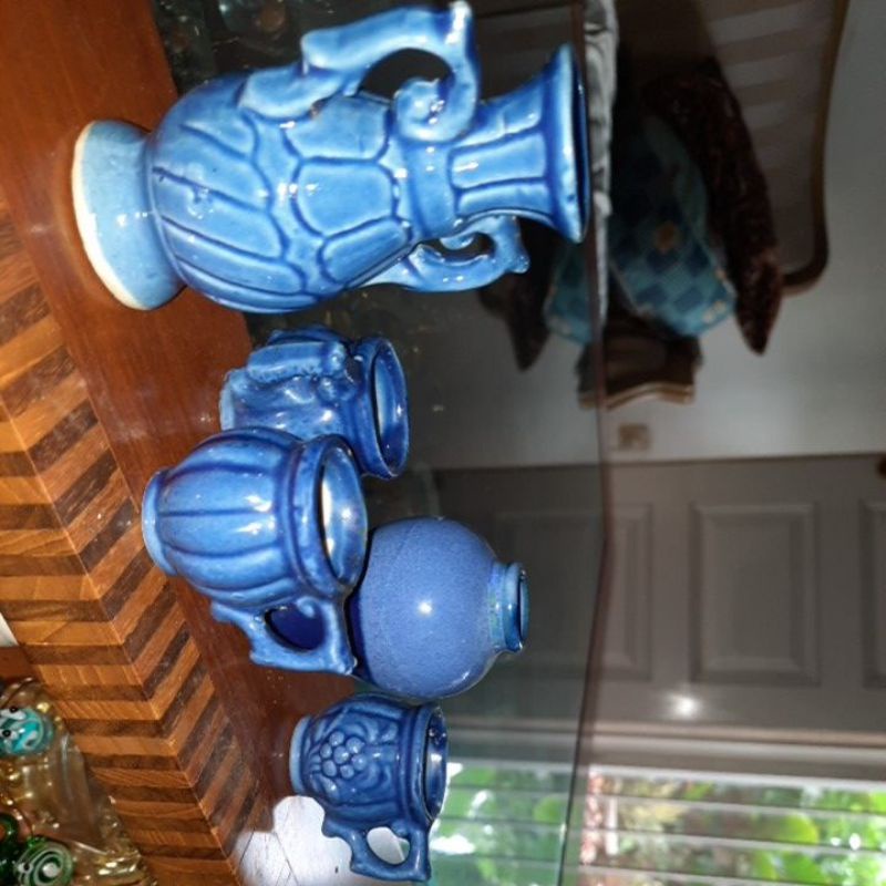 Guci Mini Keramik kuno blue vintage + 3 gelas