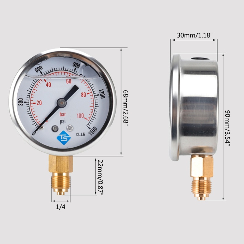 Pengukur Tekanan Vakum Glycerine Bahan Stainless Steel 0-100 Bar 0-1500 PSI