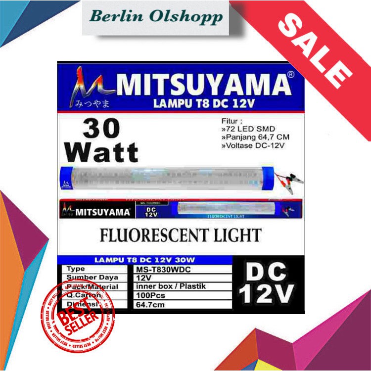 821ZE Lampu LED T8 DC 12V Aki 30 Watt / 15 watt72 LED SMD Mitsuyama MS-T830WDC