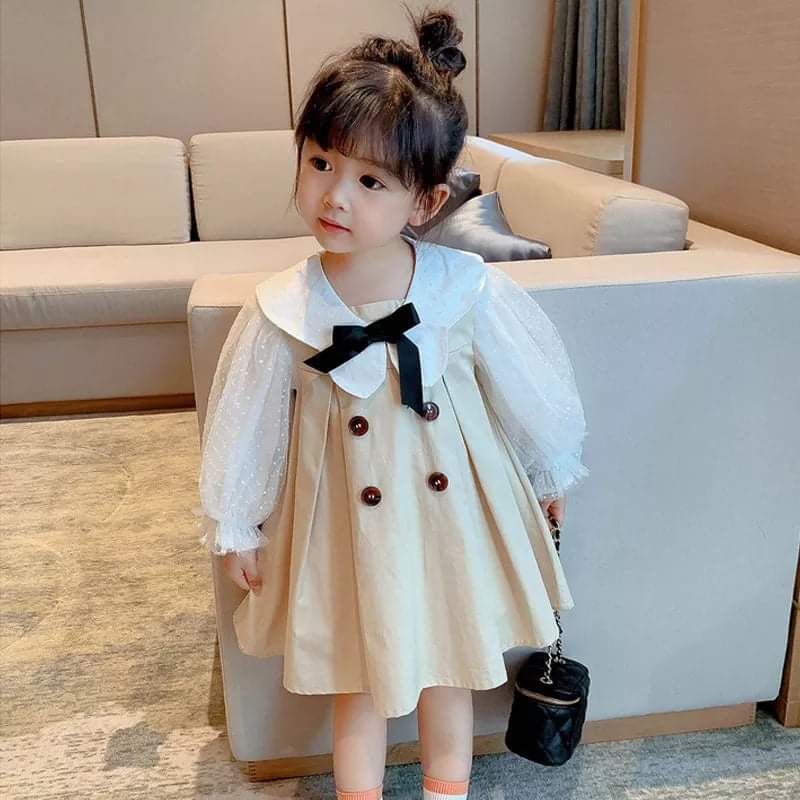 Dress Anak Perempuan Ribbon Puff Coffee Cream