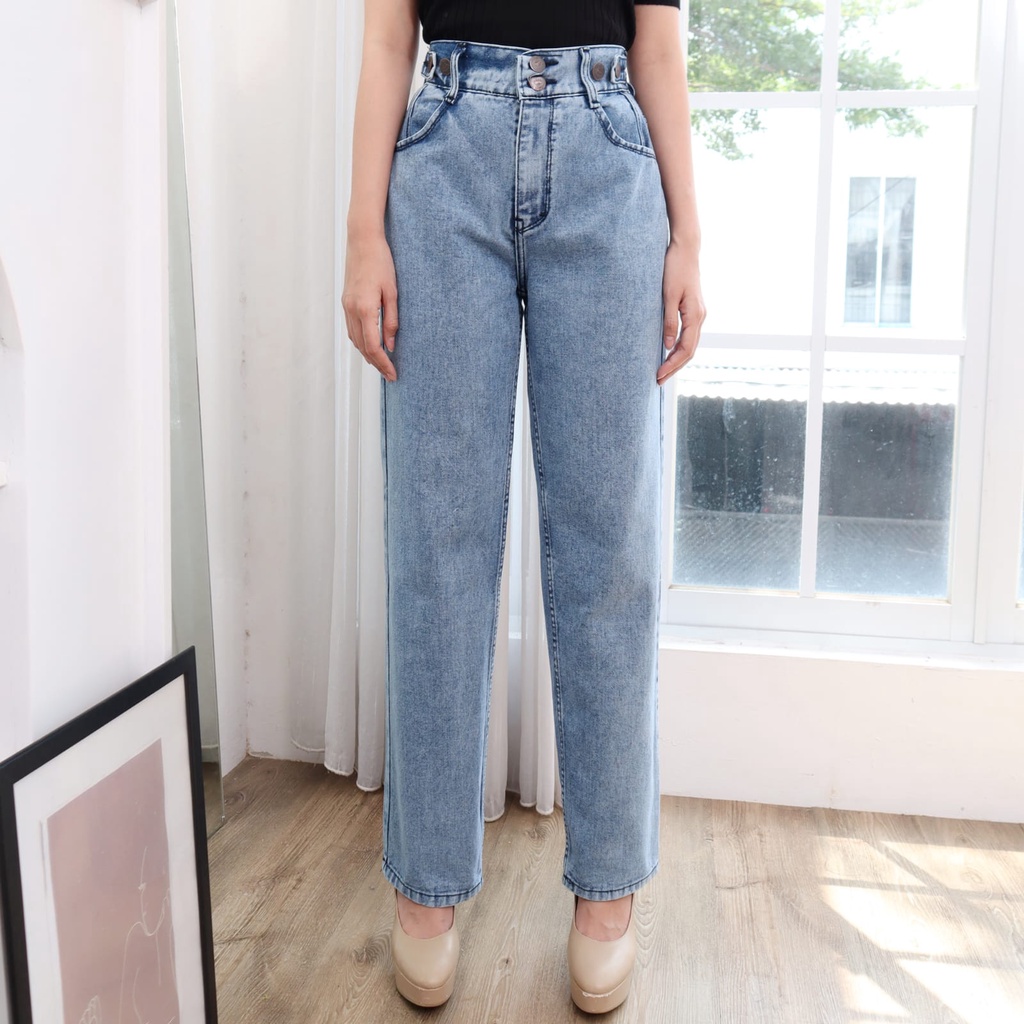 FWR - Highwaist Loose Jeans Pinggang Karet Korean Style