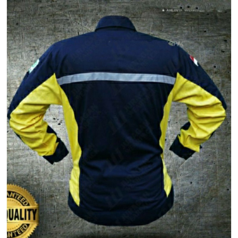 SERAGAM SAFETY SEMI JAKET KUNING KOMBINASI DONGKER RESLETING FREE LOGO K3 BENDERA LARIS KAIN DRILL