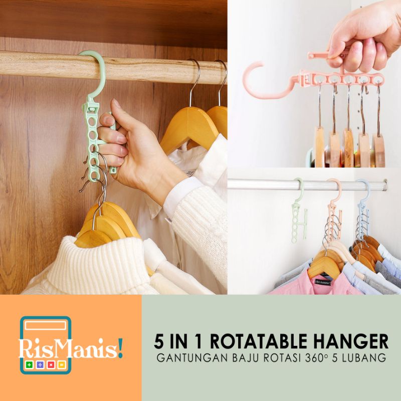 5 IN 1 ROTATABLE HANGER Gantungan Baju 5 Lubang Kapstok Putar Ajaib Hemat Tempat Rotasi 360 Derajat