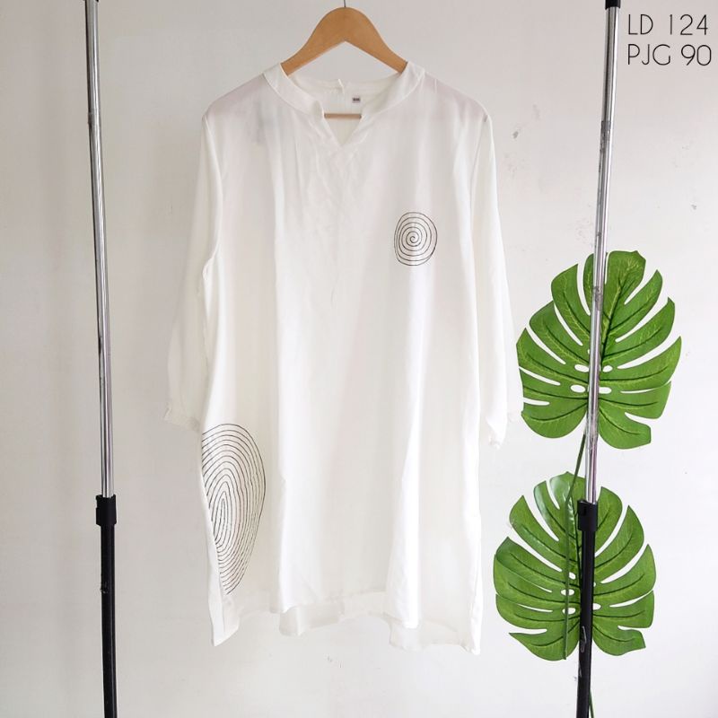 dress sifon Jumbo 5L polos putih bordir embroidery lingkaran abstrak lengan panjang tunik big size b