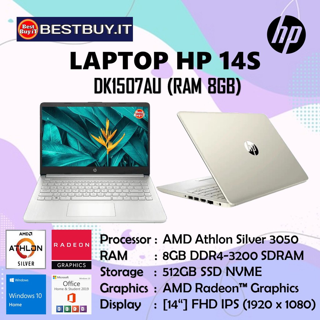 LAPTOP HP 14s dk1507AU dk1510AU ATHLON 3050U 8GB 512GB 14" WIN10 OHS
